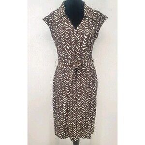 Brown White Faux Wrap Dress Belted Office Chic Preppy | Chap's Size Medium